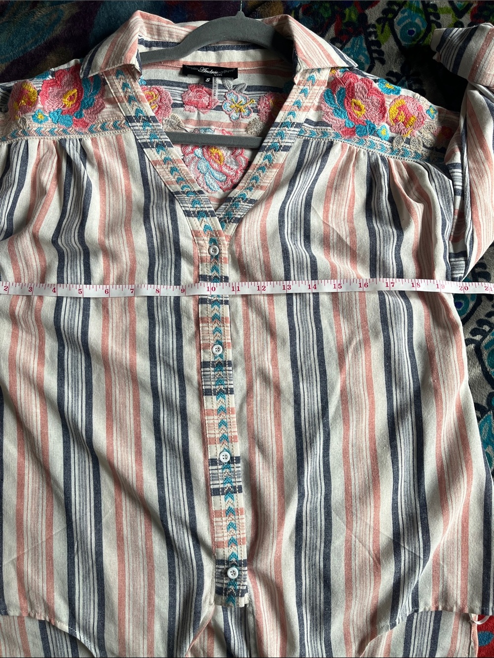ANDREE BY UNIT Boho Pink/Navy Striped Embroidered Cotton Tie FrontTunic Size S - Picture 11 of 13